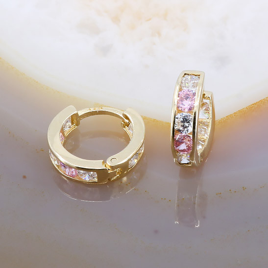Cercei Mici Rotunzi din Aur 14K 585 cu Cristale Zirconia Roz si Albe Clare au315