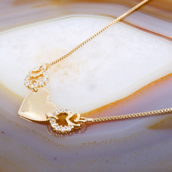 Lant Placat cu Aur Galben 18K cu pandantiv model Inimi si Cristale ZIrconia c1003