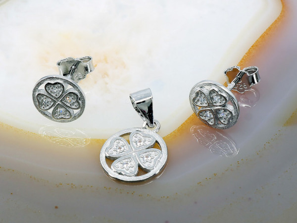 Set din Argint 925 model rotund cu Trifoi si Cristale as1336