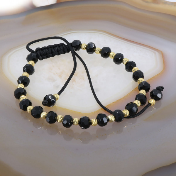 Bratara cu Snur Negru si Cristale Negre, cu Bobite Argint Placat cu Aur cod 2330