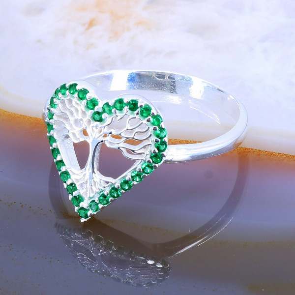 Inel din Argint 925 model Copacul vietii in forma de Inima cu Cristale Verzi 2336