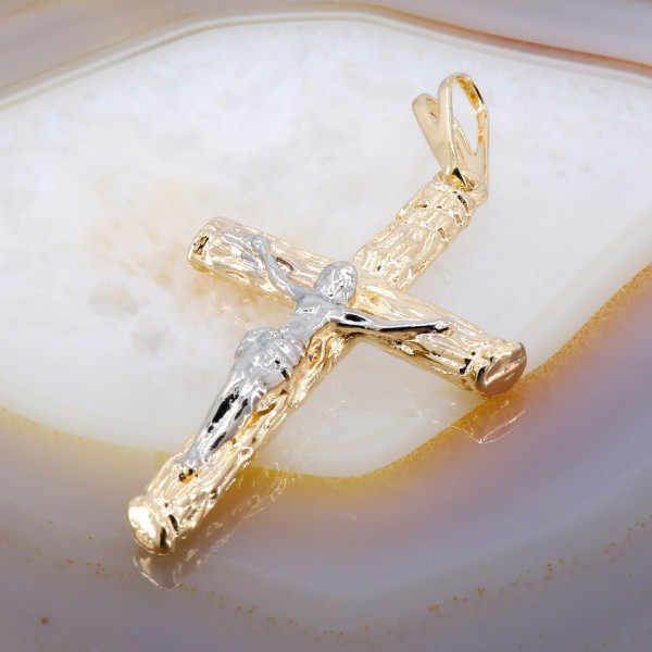 Pandantiv model Cruce cu Isus Placata cu Aur Galben si Alb 18K 513