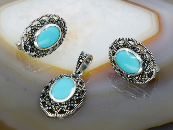Set din Argint model Vintage cu Agata Albastra si Marcasite 1297