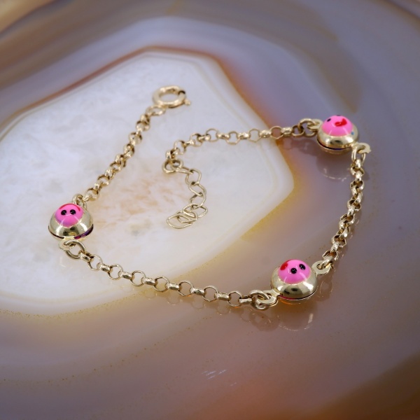 Bratara din Aur 14K 585 pentru Copii cu Smiley si Email Roz au789