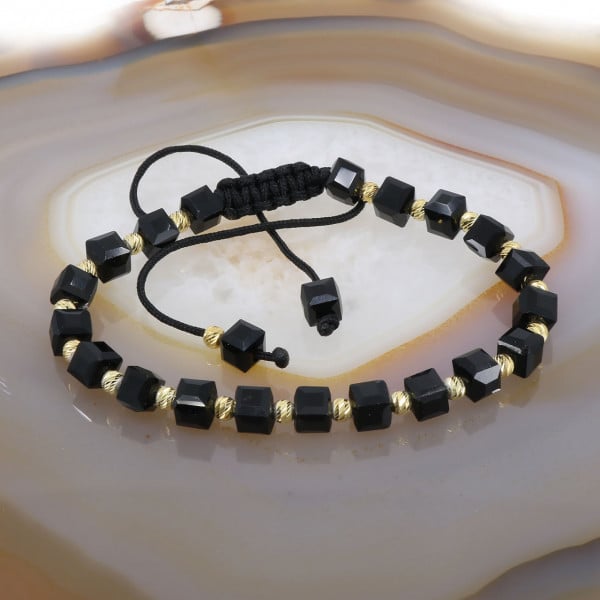 Bratara cu Snur Negru si Cristale Cubice Negre si Bobite de Argint Placate cu Aur cod 2333