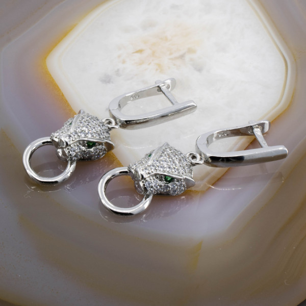 Cercei din Argint 925 model cap de Pantera cu Cristale Zirconia Albe Clare si Verzi 2814