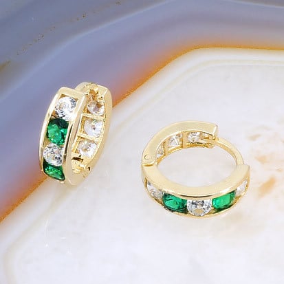 Cercei Mici Rotunzi din Aur 14K 585 cu Cristale Zirconia Verde si Albe Clare au319