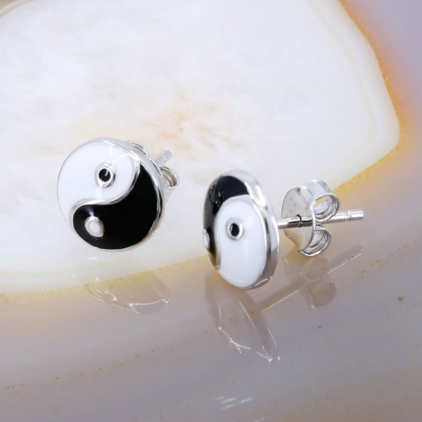 Cercei Rotunzi Yin Yang din Argint 925 decorati cu Email cod 3339