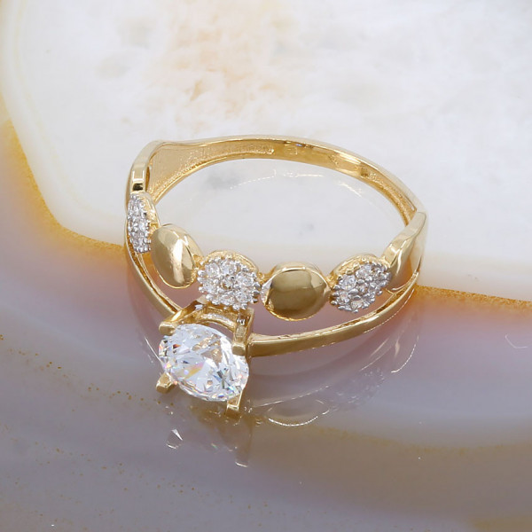 Inel din Aur 14K 585 model Dublu cu Cristale Zirconia Albe Clare 489
