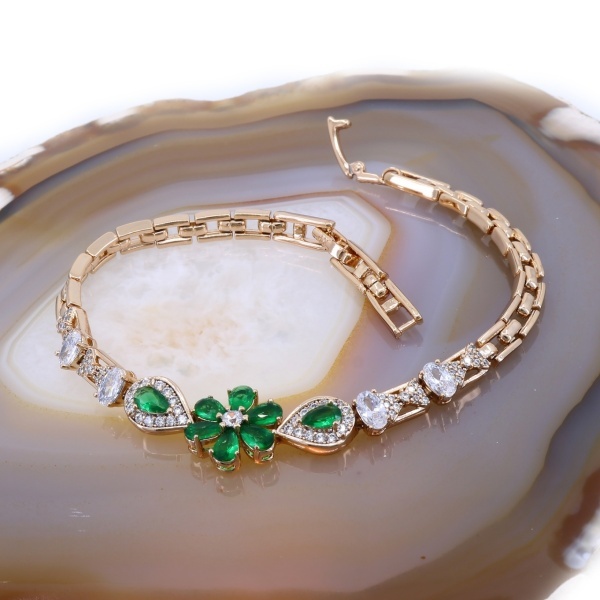 Bratara Floare cu Cristale Zirconia Verzi placata cu aur Rose c1659