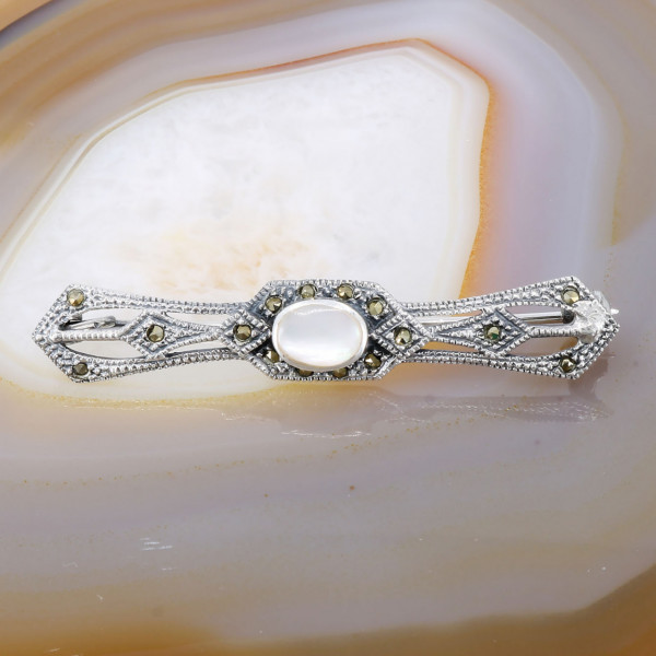 Brosa din Argint 925 Antichizat model Vintage cu Sidef si Pietre Marcasite cod 295