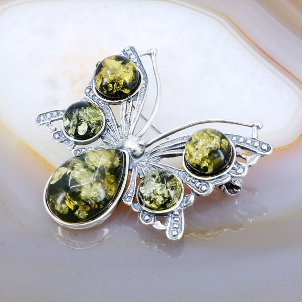 Brosa din Argint 925 model Vintage in forma de Fluture cu Chihlimbar Verde c281