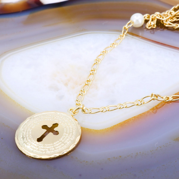 Colier placat cu Aur 18K model Religios, Cruce cu perle mici albe L1009