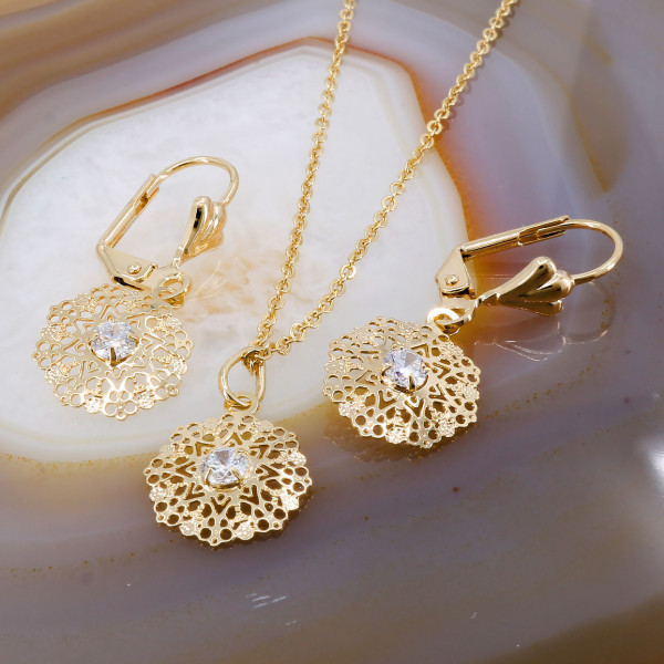 Set Placat cu Aur Galben 18K model Brodat, cu Cristale Zirconia cod 382