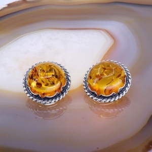 Cercei model Vintage din Argint cu Piatra Chihlimbar Galben si prindere Clips C4049
