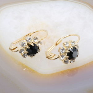 Cercei Placati cu Aur 18K model Floare cu Cristale Negre si Albe Clare 3184