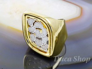 Inel Placat cu Aur Galben si Alb 18K, model Inimi, cod 1157