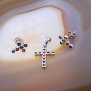 Set Cercei si Pandantiv Cruce din Argint cu Cristale Multicolore c1697