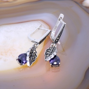 Cercei Art Deco desighn din Argint cu Marcasite si Piatra Mov Ametist c4334