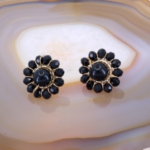 Cercei Floare Eleganti Rotunzi Placati cu Aur si decorati cu Cristale Negre tip Onix c4099 - Img 2