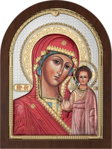 Icoana Maica Domnului din Kazan Placata cu Argint 10x12cm rama Maro Arcada