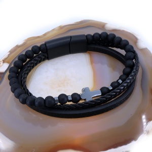 Bratara Unisex cu Pietre Negre Cruce Hematita si elemente din Piele c166