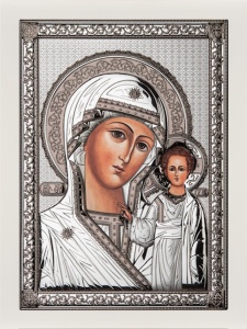 Icoana Maica Domnului din Kazan Placata cu Argint 21.5x28.5cm rama Alba