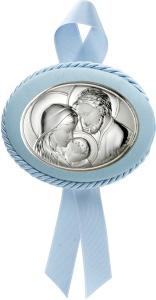 Icoana Ovala model Capoculla Sacra Famiglia Placata cu Argint 7x5,5 cm cu rama si funda Albastra
