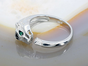 Inel Pantera din Argint 925 cu Email Negru Cristale Verzi si Albe clare 2167