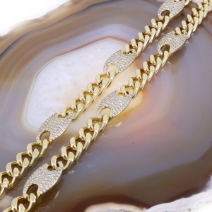 Lant Cuban Unisex Placat cu Aur Galben cu placute ovale si cristale zirconia c1277