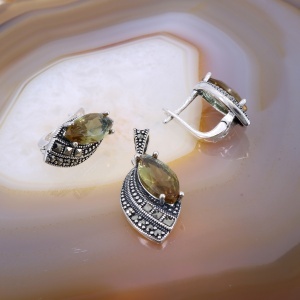 Bijuterie model Vintage Set din Argint cu Piatra Zultanit si Marcasite c1677 - Img 2