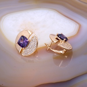 Cercei Eleganti Rotunzi Placati cu Aur Rose completati cu Piatra Mov Ametist c4088 - Img 2