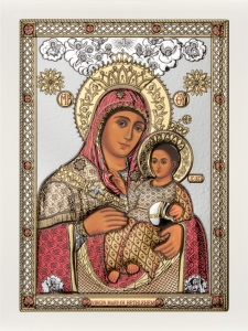 Icoana Maica Domnului din Betlehem Placata cu Argint 21.5x28.5cm rama Alba