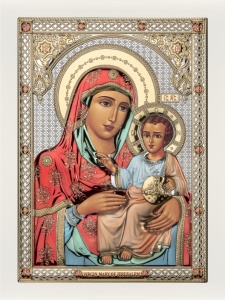 Icoana Maica Domnului din Ierusalim Placata cu Argint 13x16,5 cm rama Alba