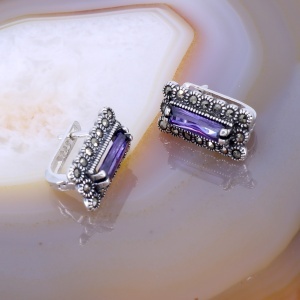 Cercei din argint cu Marcasite si cristale Mov Ametist model Vintage c4321 - Img 2