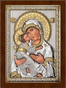 Icoana Maica Domnului din Vladimir Placata cu Argint 26.5x36.5cm rama Maro
