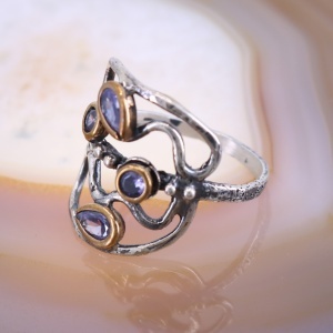 Inel din argint model handmade cu cristale mov tip ametist si partial placat cu aur c3293 - Img 2