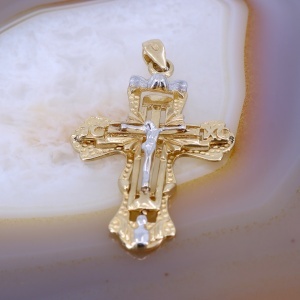 Pandantiv Cruce cu Isus din Aur Galben si Alb 14K 585 c838 - Img 3