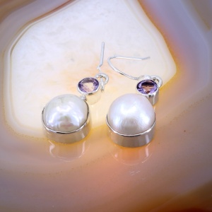 Cercei din Argint 925 cu Perla Alba si Cristal tip ametist agc3947
