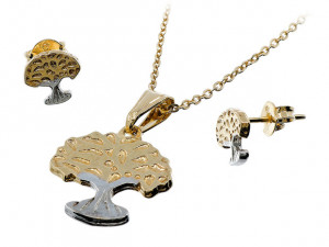 Set Placat cu Aur Galben si Alb 18K model Copacul Vietii PLS310