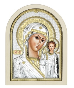 Icoana Maica Domnului din Kazan Placata cu Argint 10x12 cm rama Alba tip Arcada