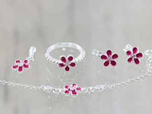Set de Argint pt Copii model Floricica Roz cu Cristale s1022