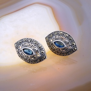 Cercei Eleganti din Argint 925 cu Marcasite si Zircon Albastru Acquamarin c3955
