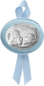 Icoana Capoculla Angeli Raffaello Placata cu Argint 7x5,5 cm cu rama si funda Albastra
