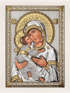 Icoana Maica Domnului din Vladimir Placata cu Argint 26.5x36.5cm rama Alba