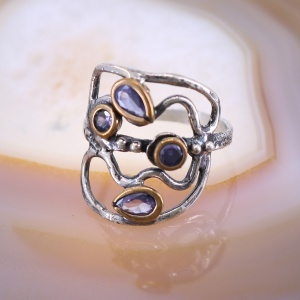 Inel din argint model handmade cu cristale mov tip ametist si partial placat cu aur c3293 - Img 3