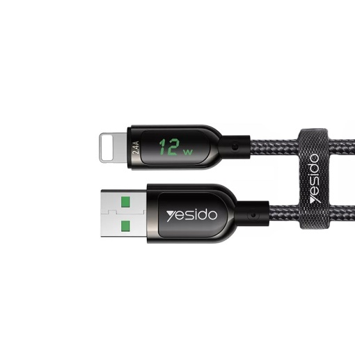 Cablu de Date USB la Lightning, Yesido CA84, Display Digital, Nylon Mesh, 1.2 Metri, Negru