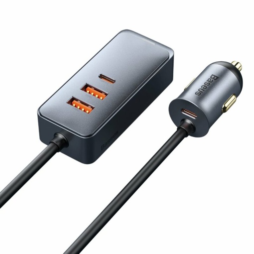Baseus CCBT-A0G Incarcator Auto 120W Hub Extension, Fast Charge, 2x USB-C 30W, 2x USB-A 30W, Cablu 1.5m, Negru
