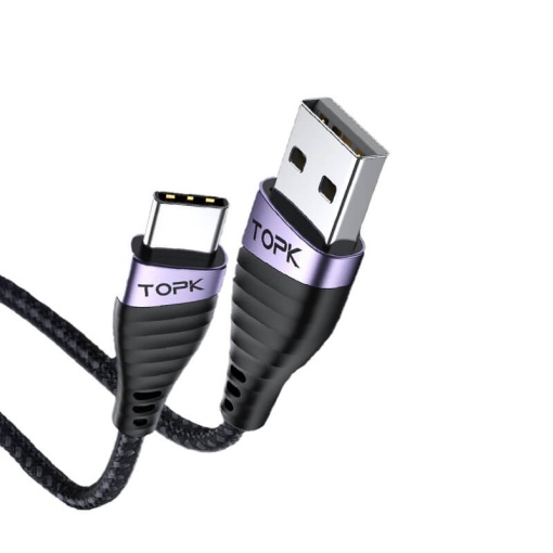 Cablu de Date TopK AN15, USB la USB Type-C, 60W, Negru, 1/2 m