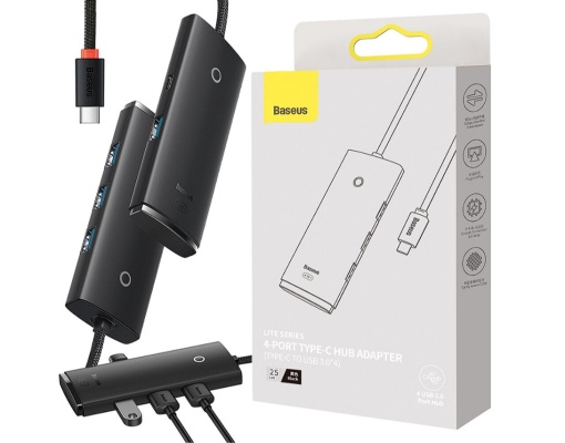 HUB extern Baseus Lite, porturi USB: USB 3.0 x 4, conectare prin USB Type-C, lungime 0.25m, negru, "WKQX030301" - 6932172606244